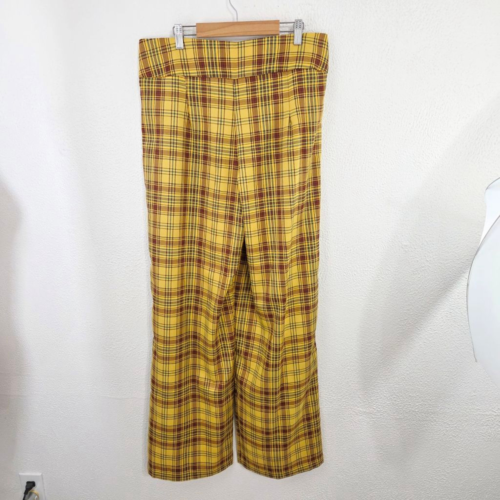 Anthropologie Plaid Wide Leg Pants Marygold Gold Tartan yellow women's large L - Picture 4 of 7